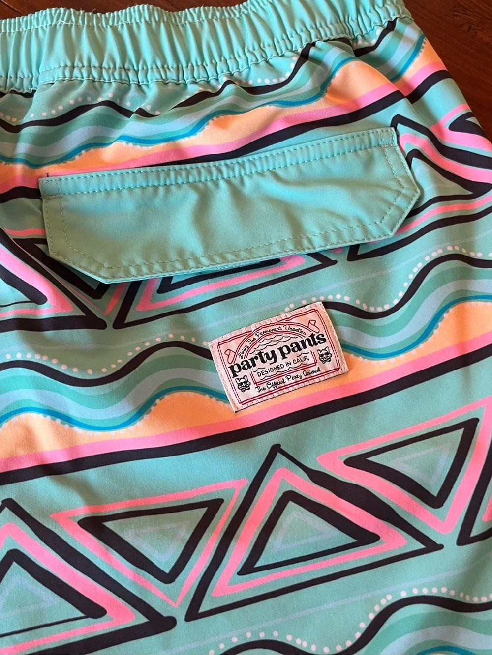 Party Pants Men's Festival Swim Shorts Trunks - Cyan / Neon Geometric - Size XL